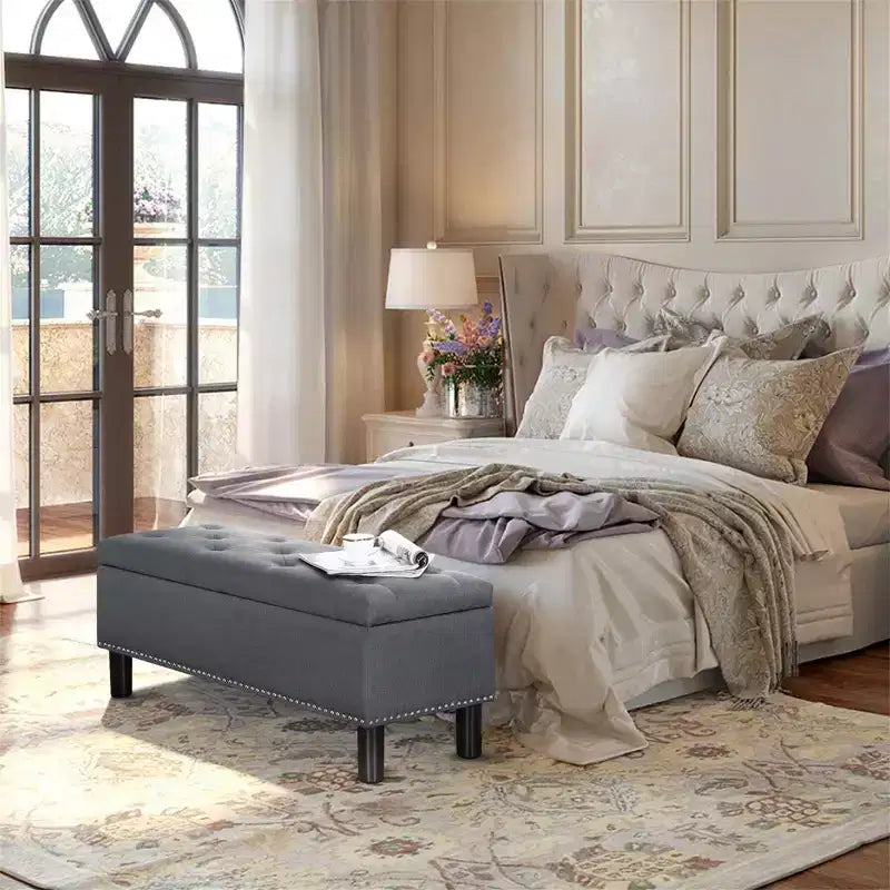 Panca contenitore trapuntata in lino beige/grigio, rettangolare, 1 posto