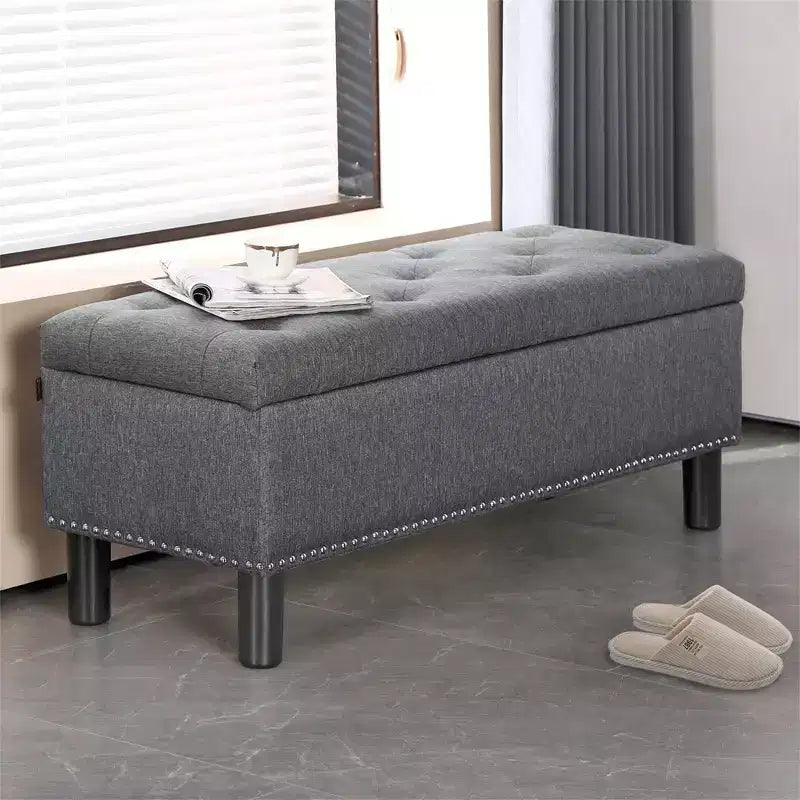 Panca contenitore trapuntata in lino beige/grigio, rettangolare, 1 posto