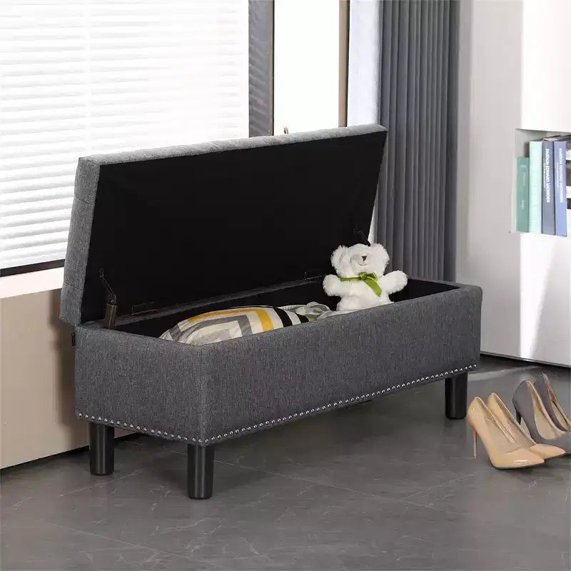 Panca contenitore trapuntata in lino beige/grigio, rettangolare, 1 posto