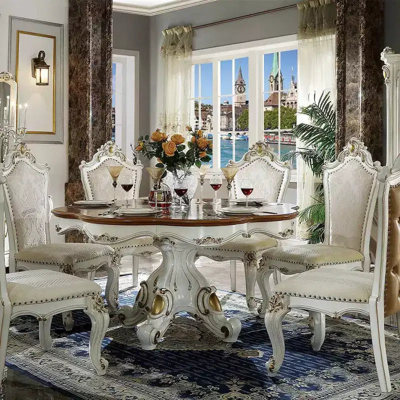 Tavolo da pranzo a piedistallo rotondo bianco e marrone, 6 posti