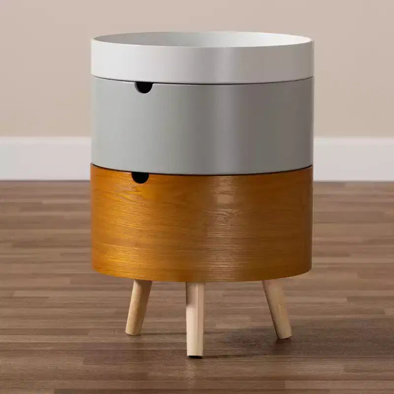 Tavolino rotondo a 3 livelli bianco/grigio/naturale con ripiano, utilizzo per 1 persona