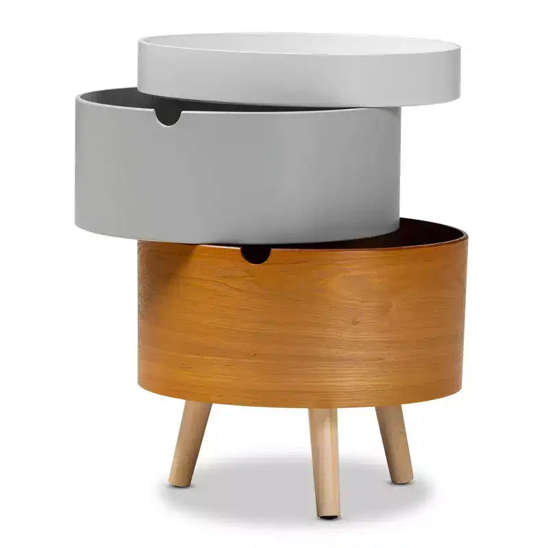 Tavolino rotondo a 3 livelli bianco/grigio/naturale con ripiano, utilizzo per 1 persona