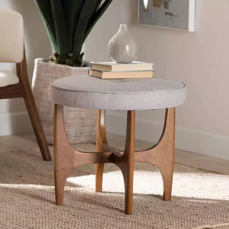 Pouf poggiapiedi rotondo con bottoni, beige-grigiastro / marrone noce, 1 posto