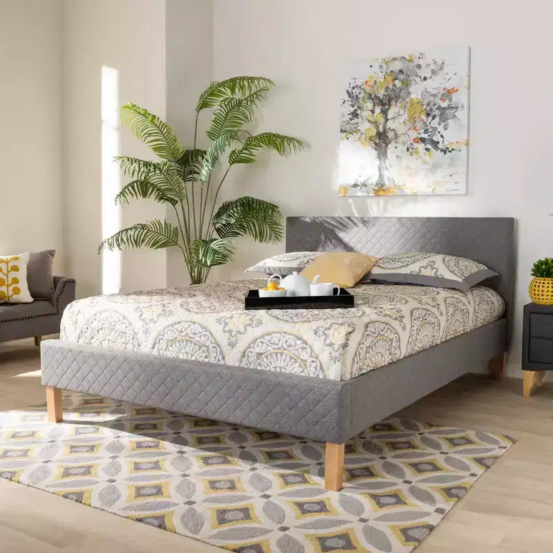 Letto King Size con piattaforma Grigio, rivestito in tessuto capitonné, per 2 persone
