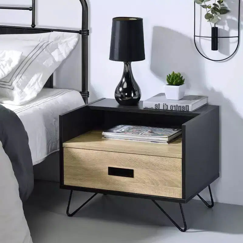 Tavolino laterale 53 cm in rovere e nero con cassetto e ripiano aperto, 1 pezzo