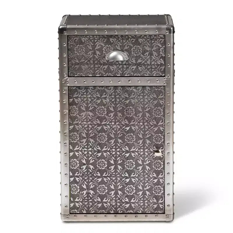 Mobiletto d'accento floreale in metallo argentato – 1 cassetto e anta, singolo