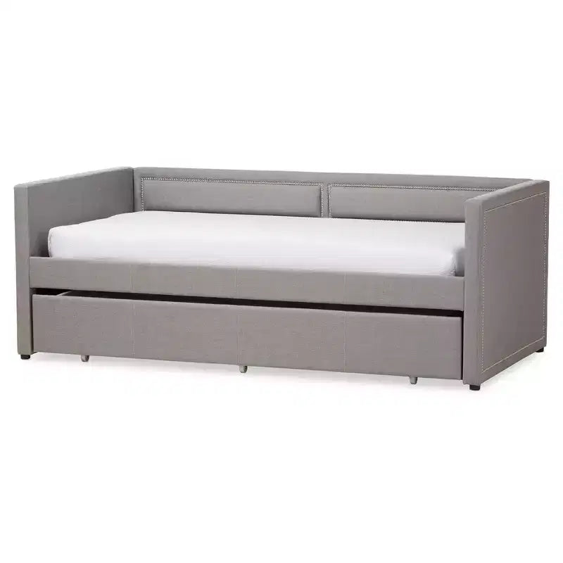 Baxton Studio Twin Raymond Modern and Contemporary Fabric Nailhead Trimmed Sofa Daybed with Roll Out Trundle Guest Bed Gray: Rubberwood Frame