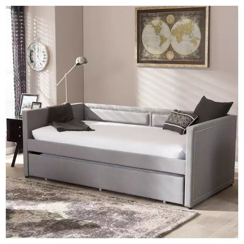 Divano letto singolo imbottito grigio con letto estraibile, per 2 persone