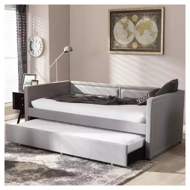 Divano letto singolo imbottito grigio con letto estraibile, per 2 persone