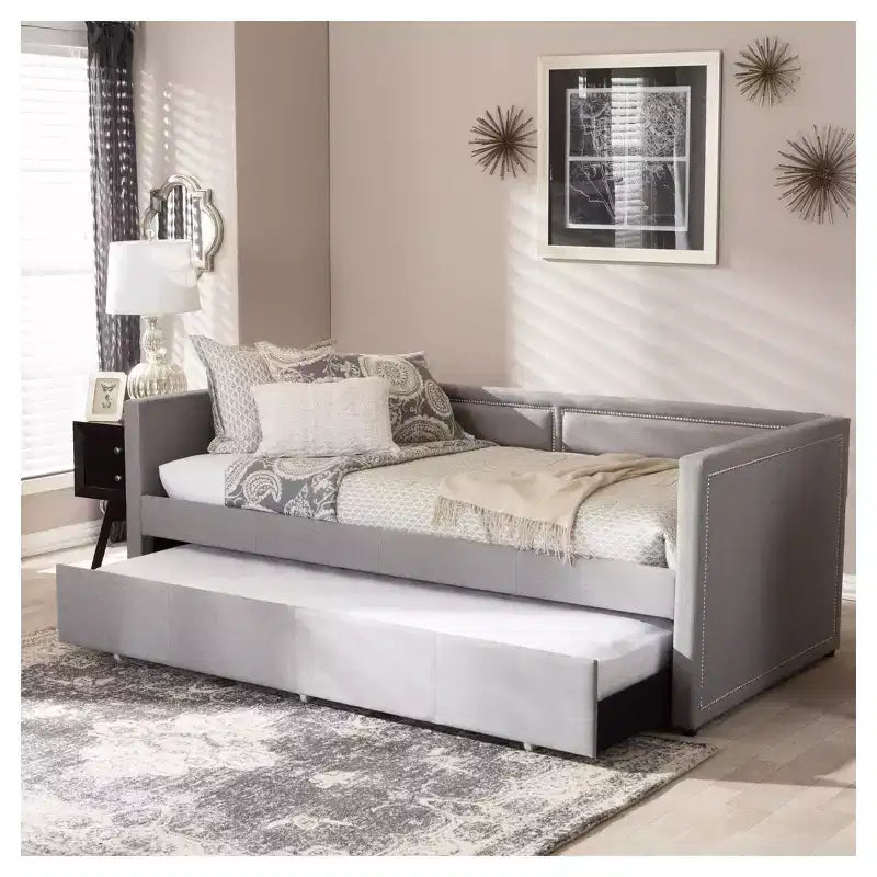 Divano letto singolo imbottito grigio con letto estraibile, per 2 persone
