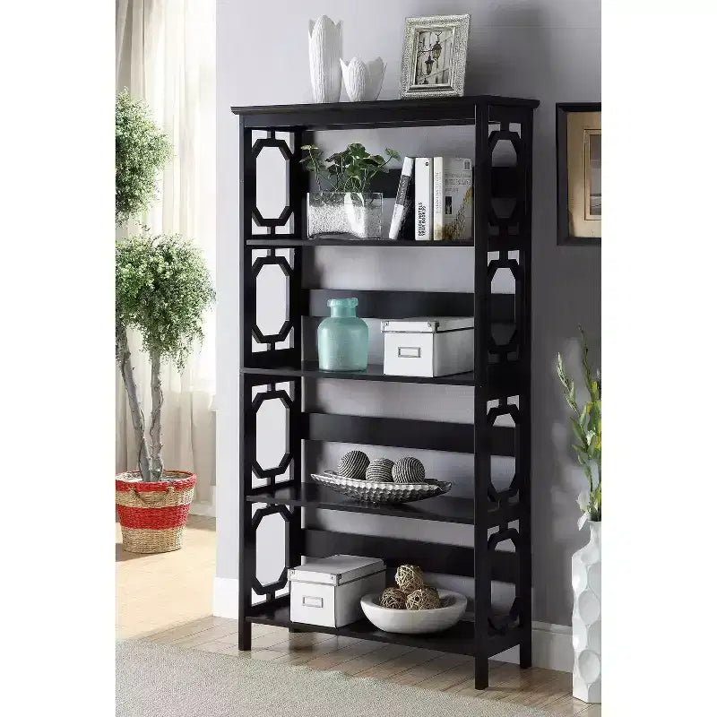 Libreria geometrica a 5 ripiani – Nera / Grigia / Legno invecchiato bianco, singola