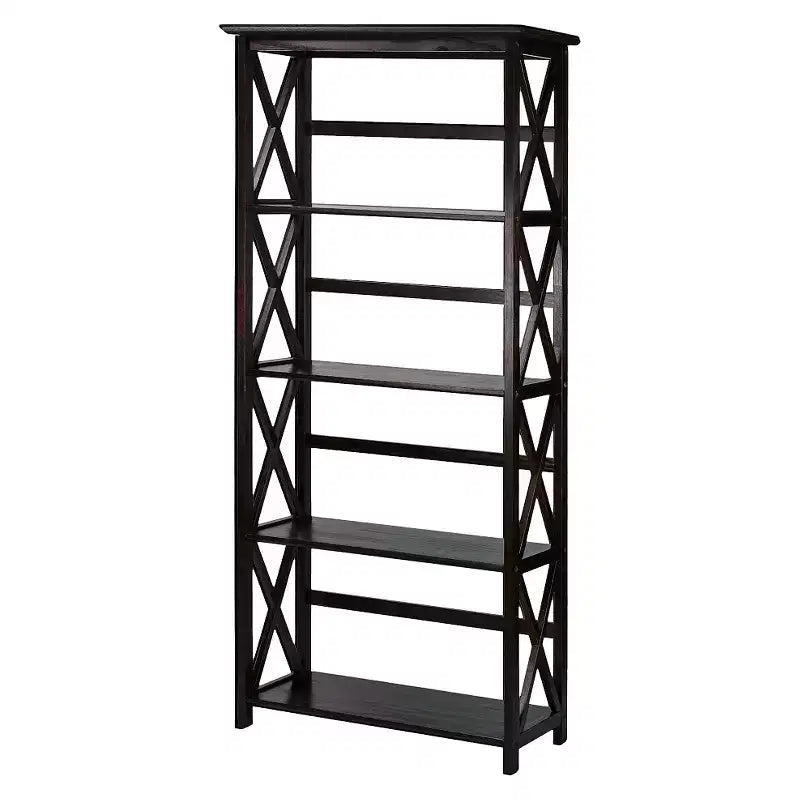 Libreria nera a 5 ripiani con design a X, singola