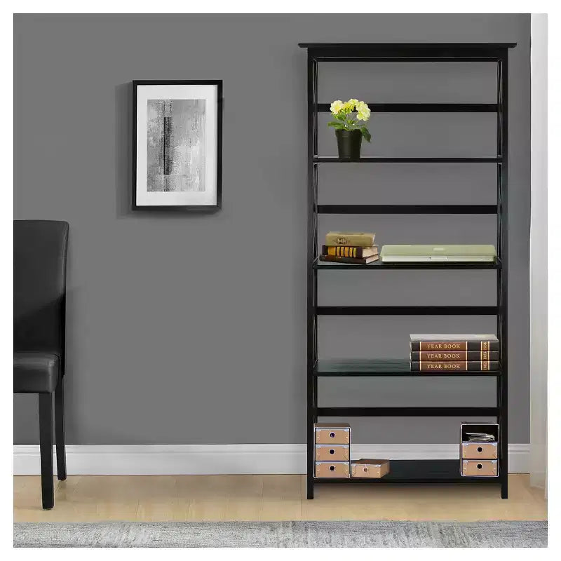 Libreria nera a 5 ripiani con design a X, singola
