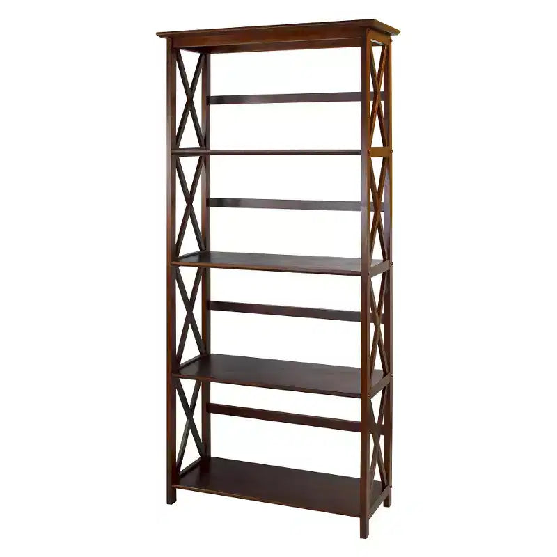 Libreria nera a 5 ripiani con design a X, singola