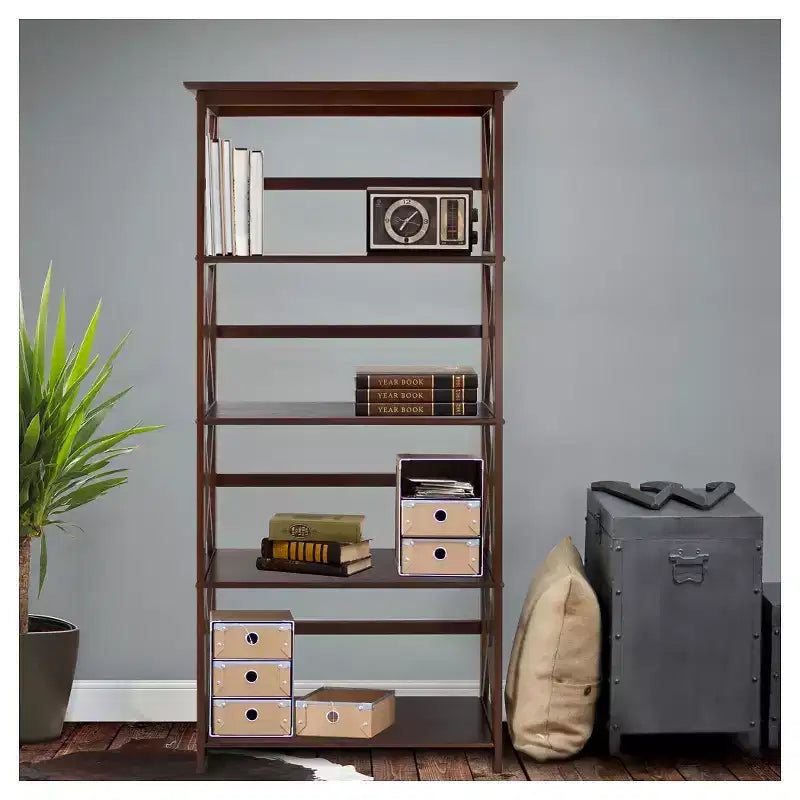 Libreria nera a 5 ripiani con design a X, singola