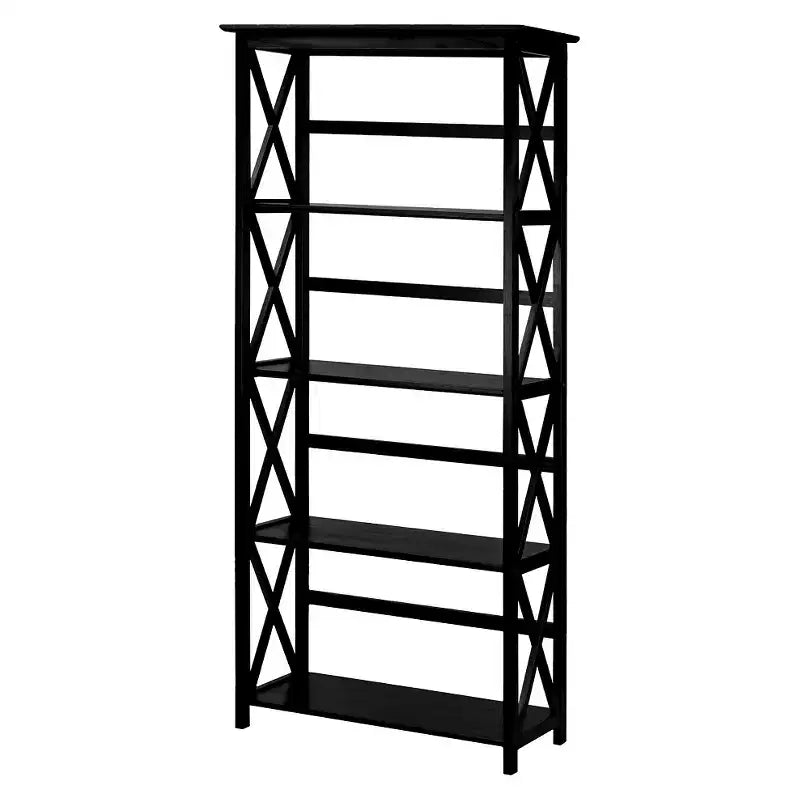 Libreria nera a 5 ripiani con design a X, singola