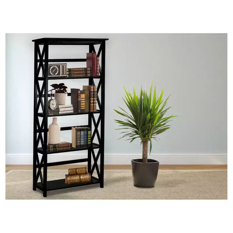 Libreria nera a 5 ripiani con design a X, singola