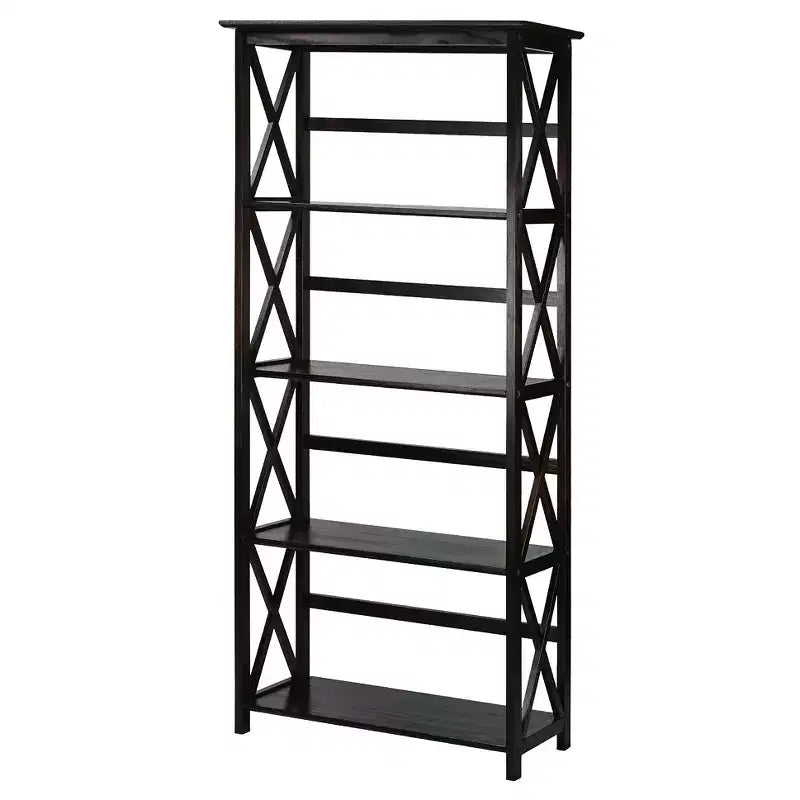 Libreria nera a 5 ripiani con design a X, singola