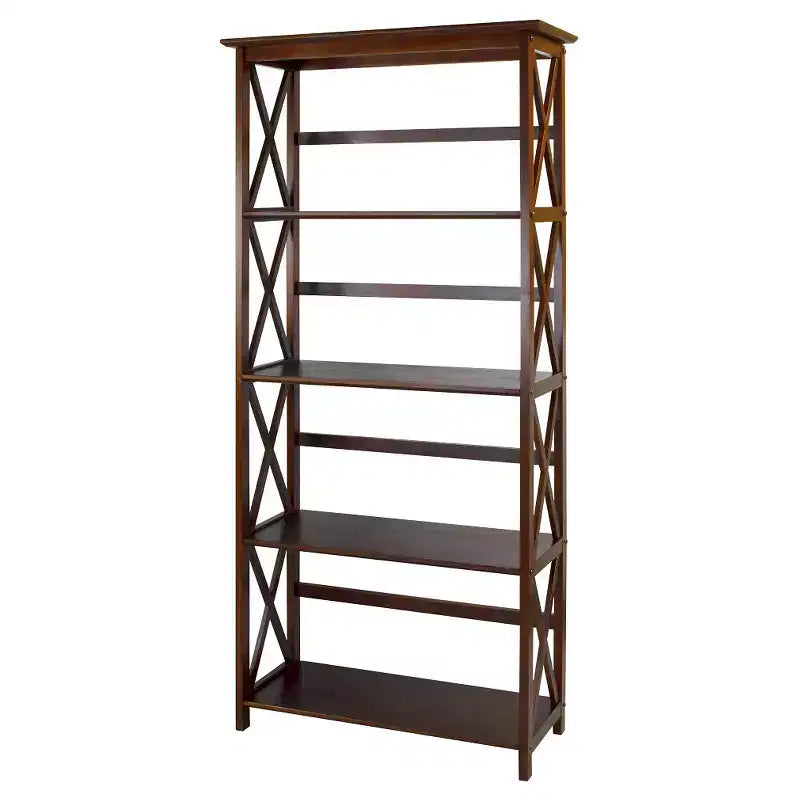 Libreria nera a 5 ripiani con design a X, singola