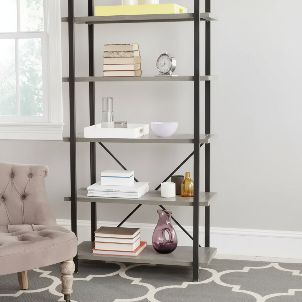 Libreria Etagere aperta a 5 ripiani in grigio cenere/acero rosso, montaggio per 1 persona
